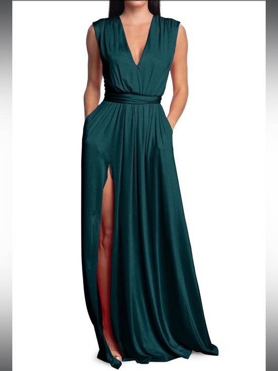 Dress the Population Dresses & Skirts - Dress the Population Teal Plunge V Neck Maxi Dress High Slit Formal Gown Small